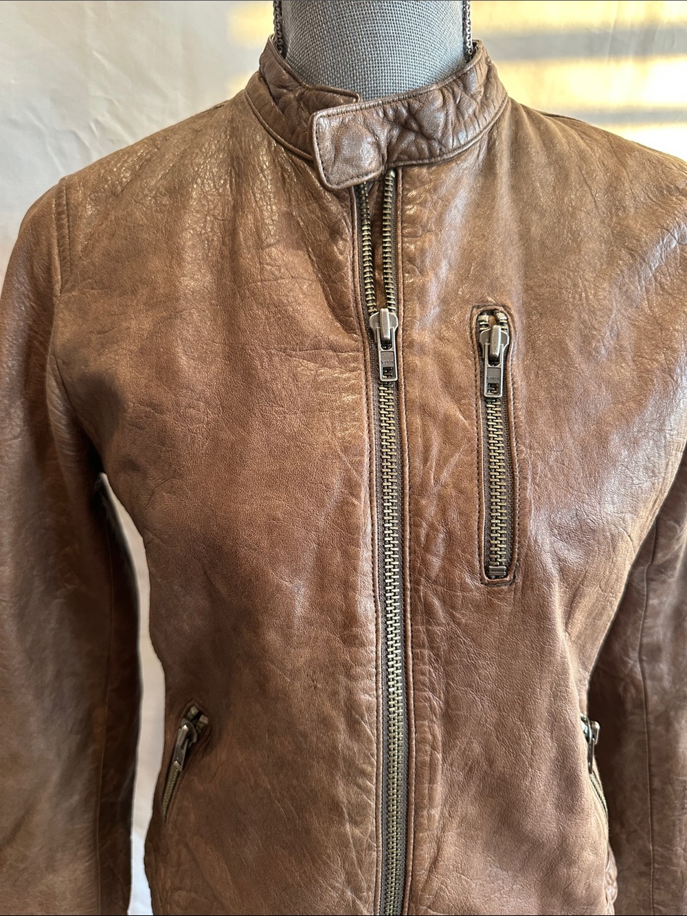 Brown Women's Leather Moto Jacket - Picture 2 of 16